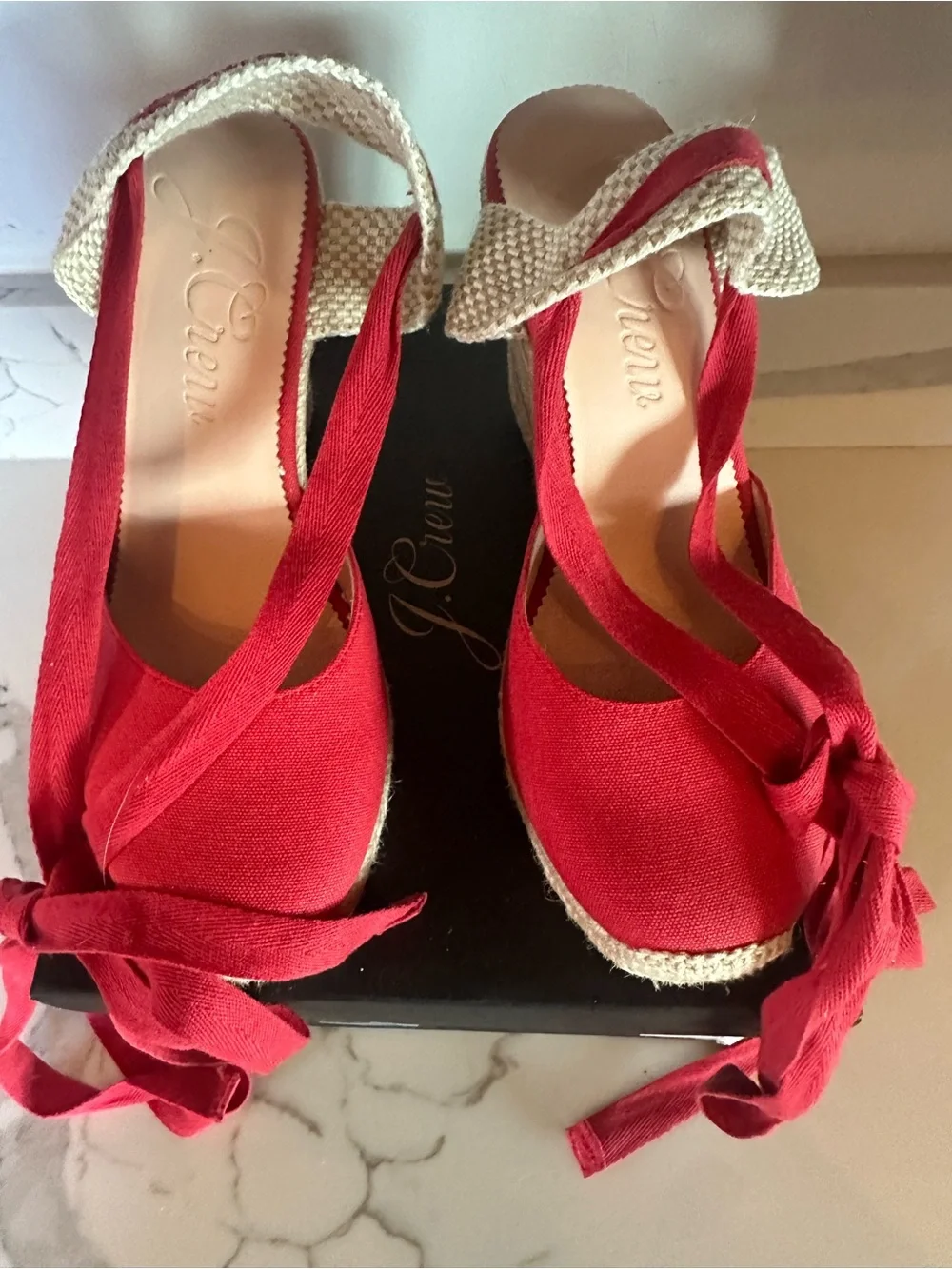 J Crew Canvas Red High Heel Espadrille Heels with Wrap Tie, Sz 8, retailed $158